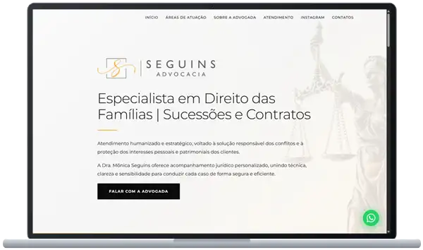 Landing page do escritório Seguins Advocacia aberta em um notebook
