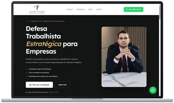 Landing page do escritório Victor Tavares Advocacia aberta em um notebook